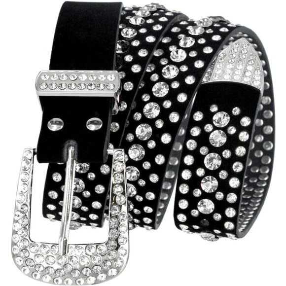 Western Rhinestone Cowgirl Cowboy Bling Studded Suede Leather Belt 1-1/4"(32mm) - Picture 2 of 7